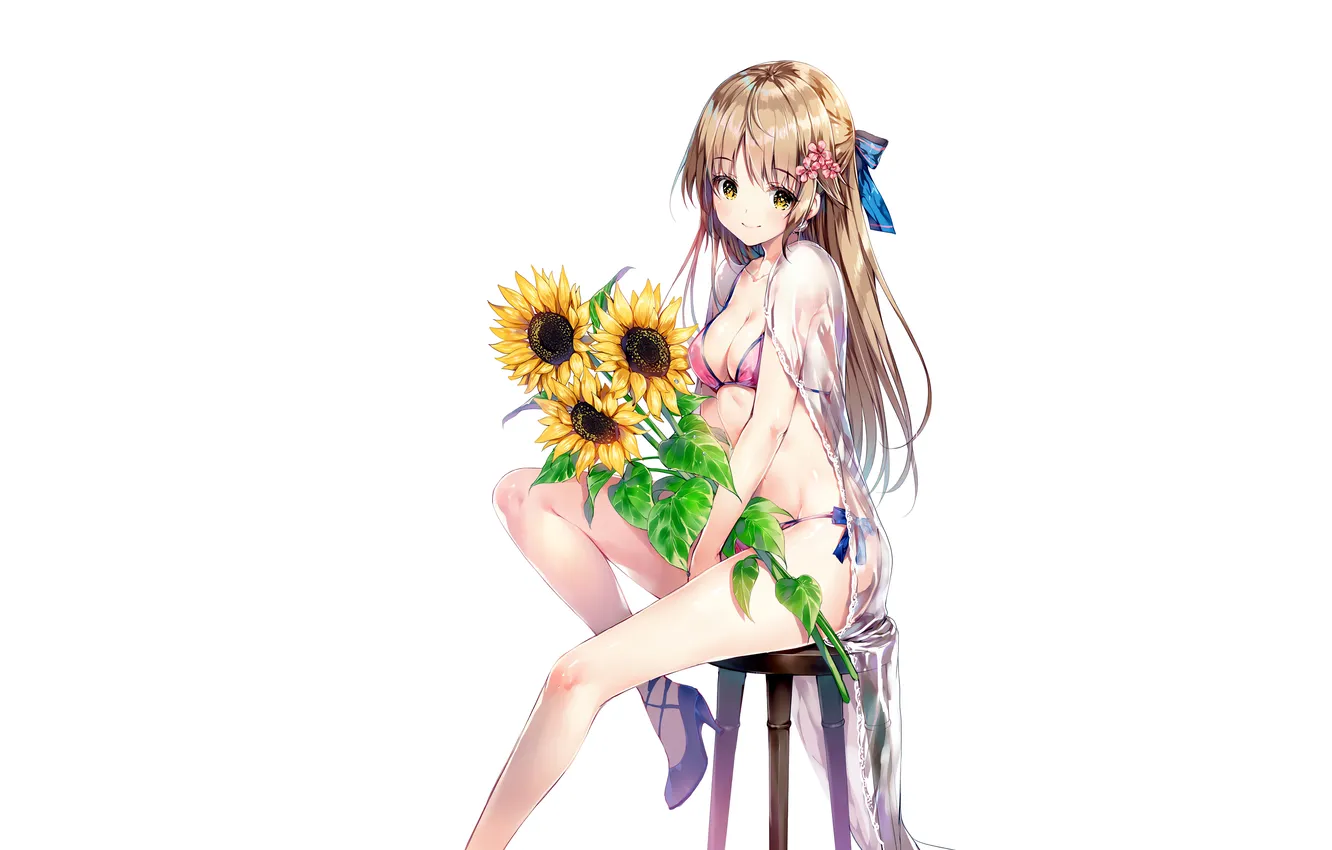 Photo wallpaper girl, sexy, cleavage, long hair, legs, boobs, anime, flowers