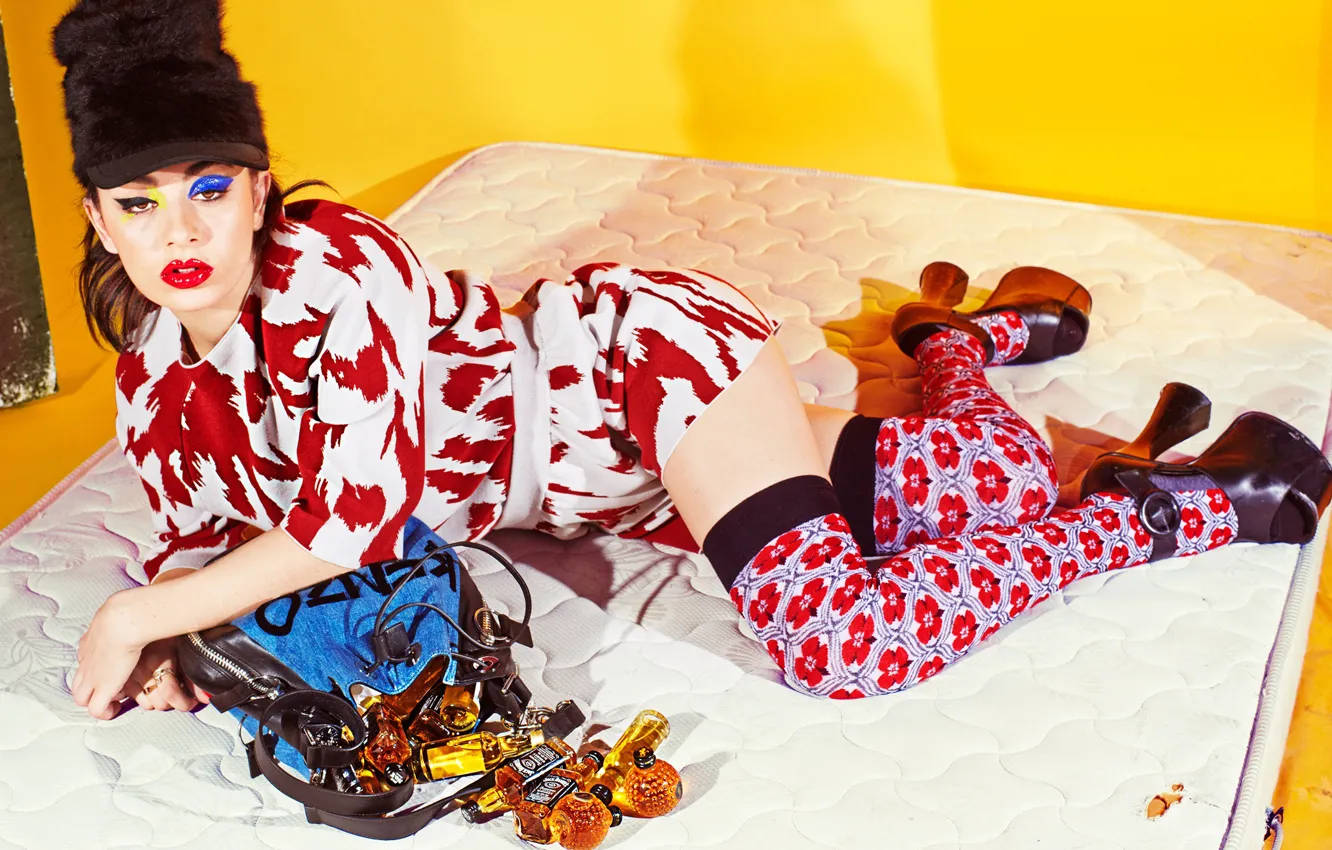 Photo wallpaper pose, model, hat, bottle, stockings, makeup, dress, shoes