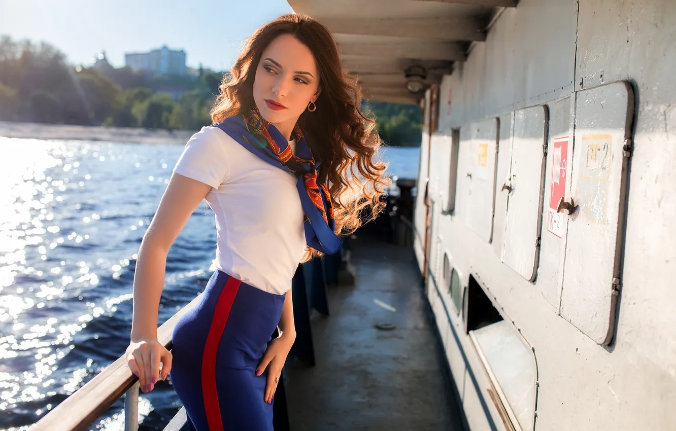 Photo wallpaper girl, pose, river, figure, ferry, long hair, Ekaterina Kononova, Dmitry Shulgin