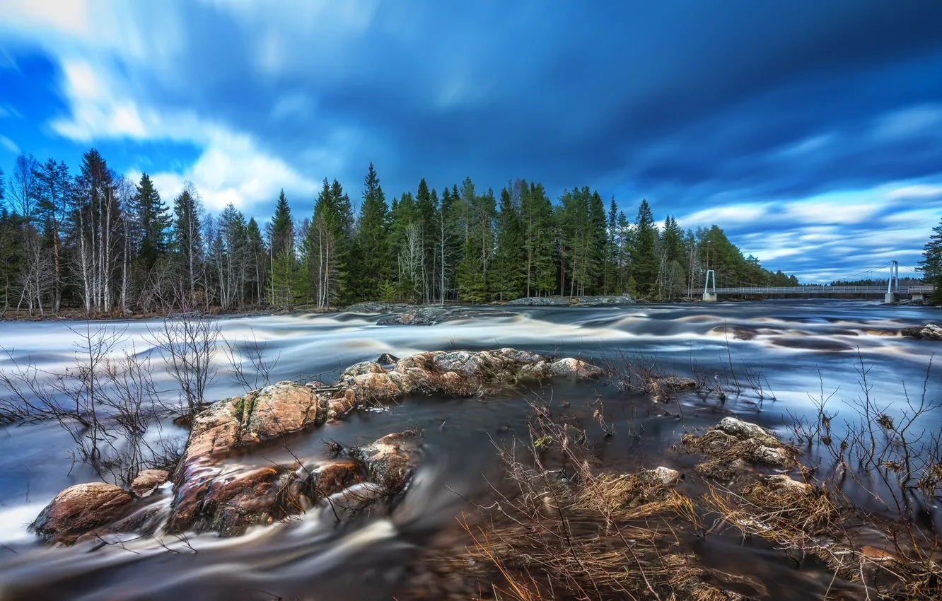 Photo wallpaper river, bridge, rocks, Finland, long exposure, Springtime flood