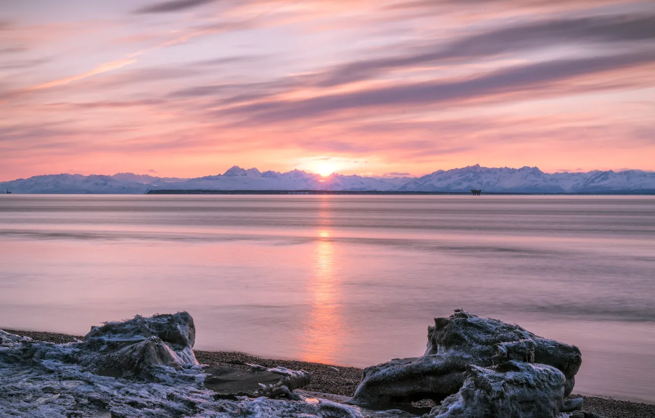 Photo wallpaper winter, snow, sunset, mountains, dawn, shore, pond, pink sky