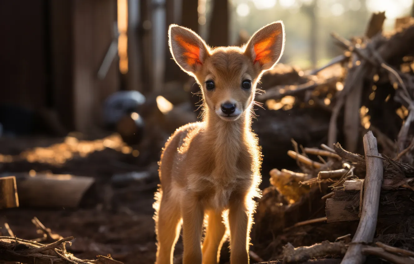 Photo wallpaper look, light, branches, nature, deer, cub, face, bokeh