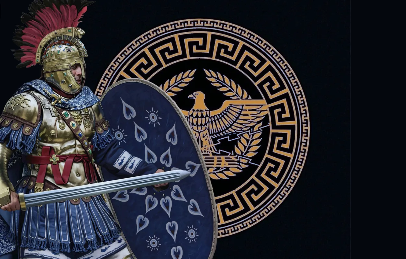 Photo wallpaper sword, warrior, helmet, shield, ornament, Cuirass, Joan Francesc Oliveras Pallerols, Flavius Aetius