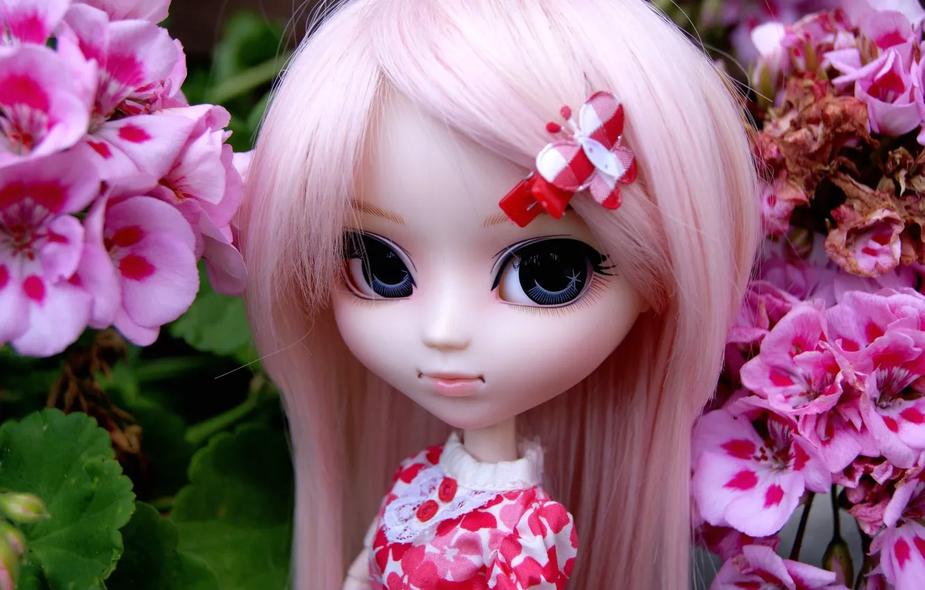 Photo wallpaper flowers, toy, doll, barrette, pink hair
