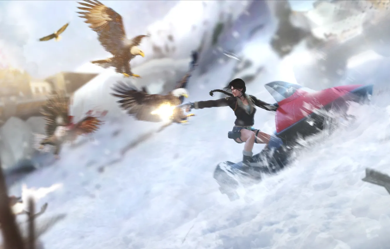 Photo wallpaper girl, snow, bird, eagle, Tomb Raider, snowmobile, Lara Croft, tibet
