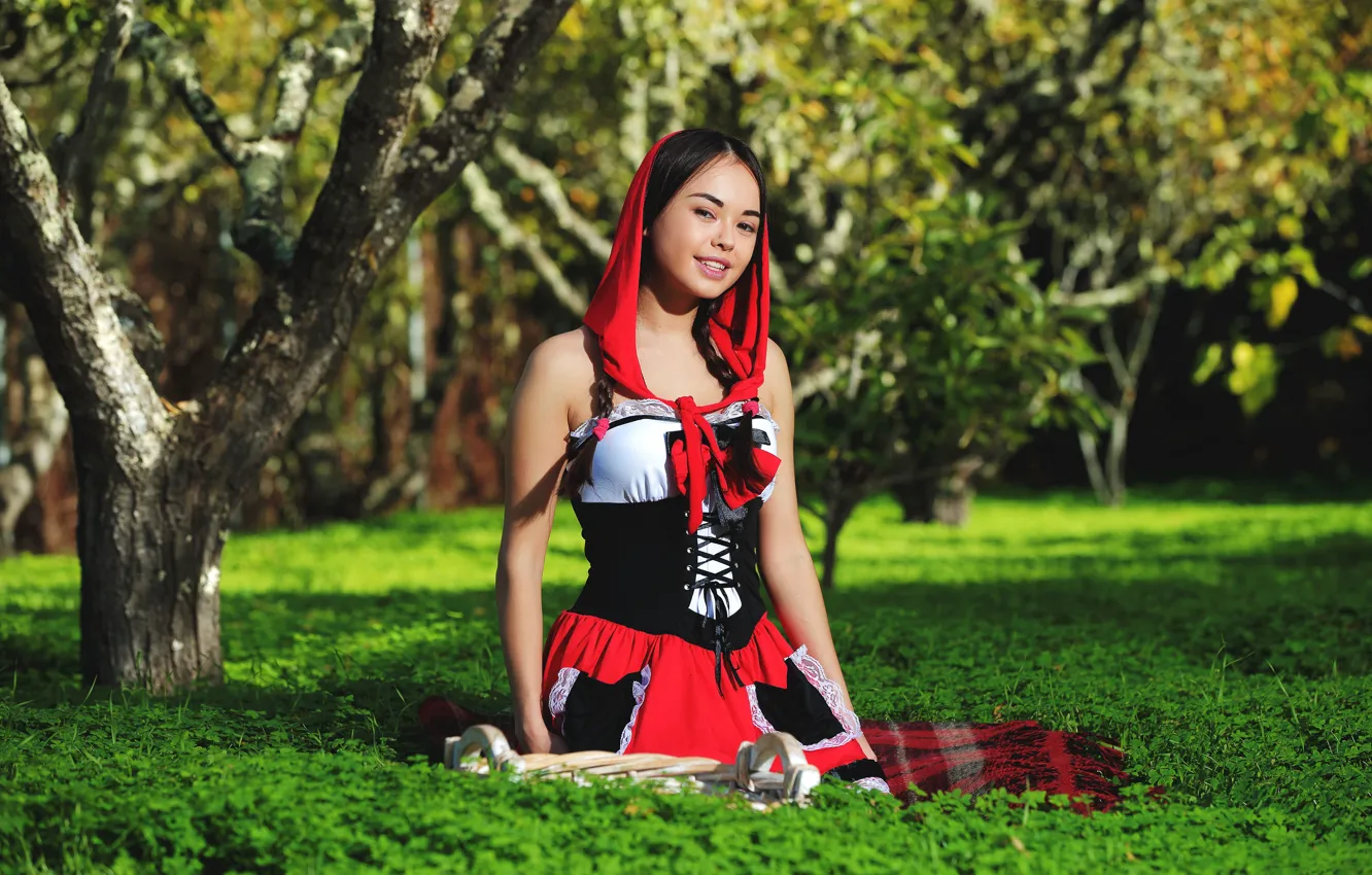 Photo wallpaper forest, smile, little red riding hood, costume, Li Moon