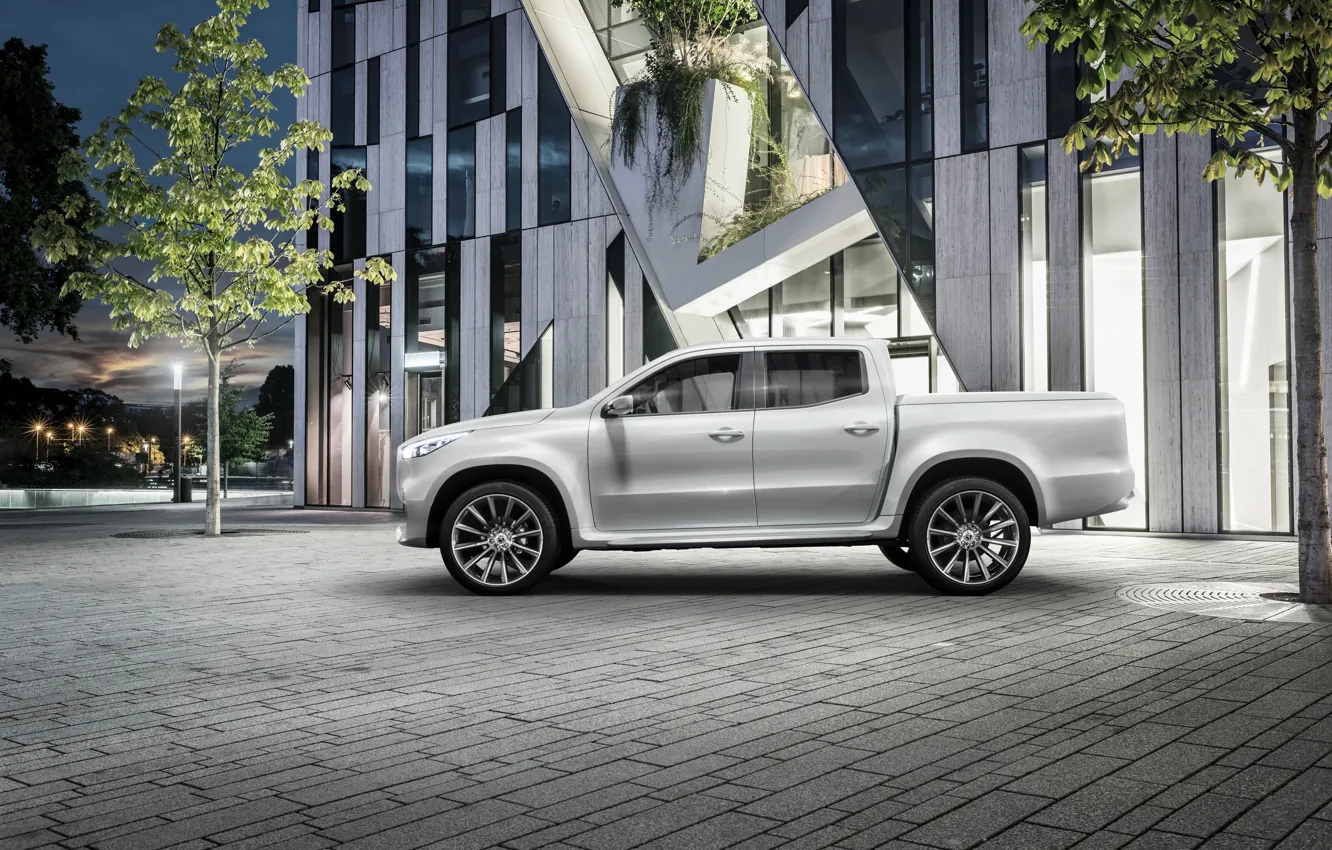 Photo wallpaper white, the city, tree, the building, Mercedes-Benz, pickup, X-Class Concept