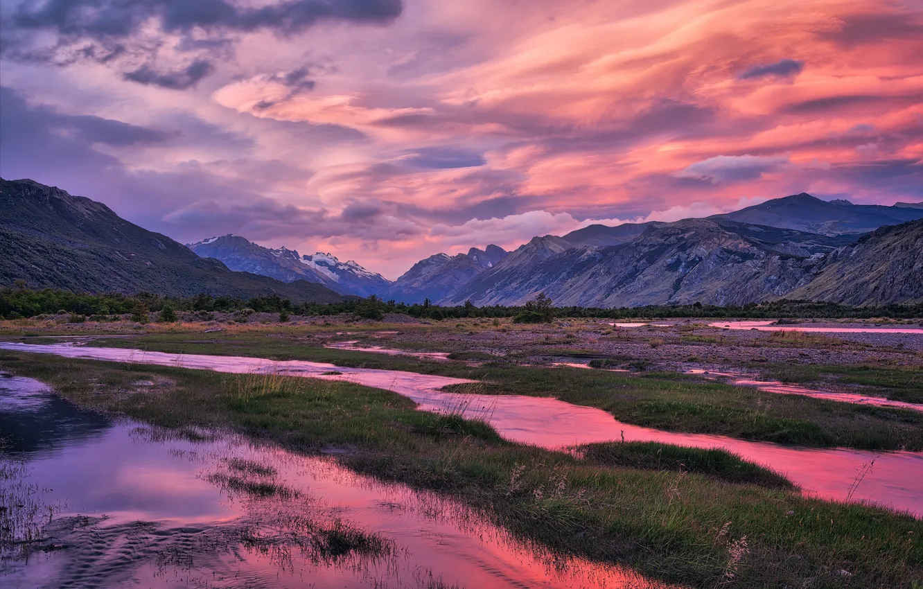 Photo wallpaper the sky, clouds, light, mountains, river, the evening