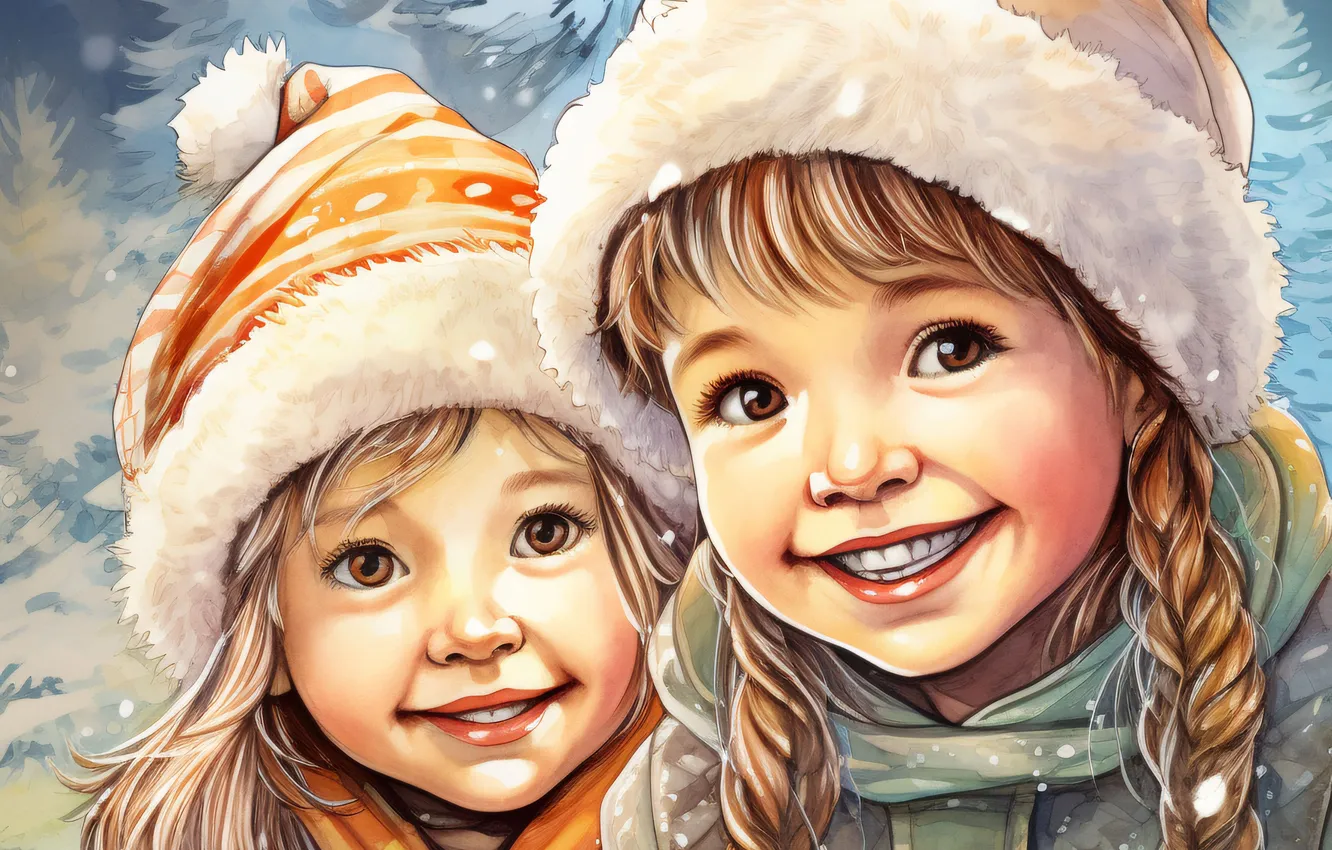 Photo wallpaper Winter, Smile, Christmas, New year, Tree, Two, Girls, Joy