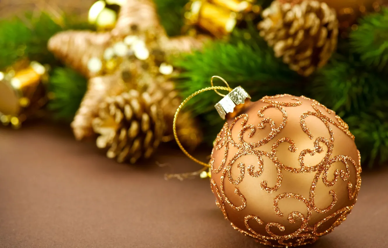 Photo wallpaper yellow, background, holiday, Wallpaper, toys, tree, new year, ball