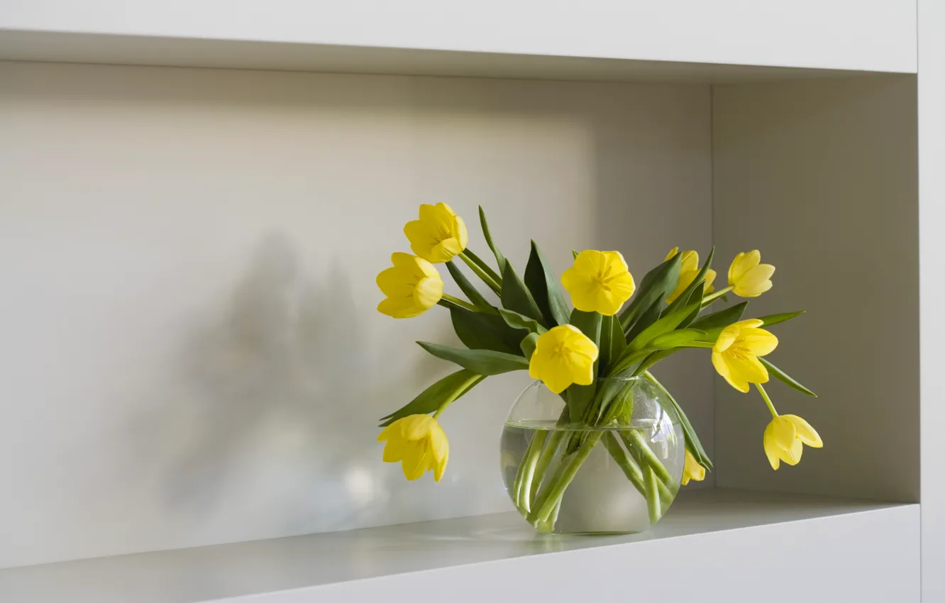 Photo wallpaper water, flowers, tulips, shelf, vase