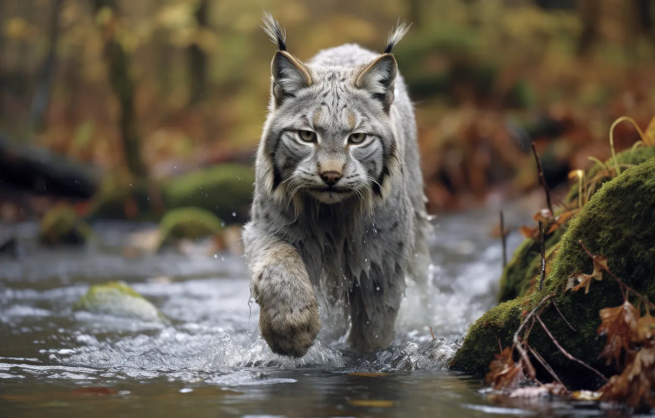 Photo wallpaper look, water, predator, river, lynx, front, big cat, digital art