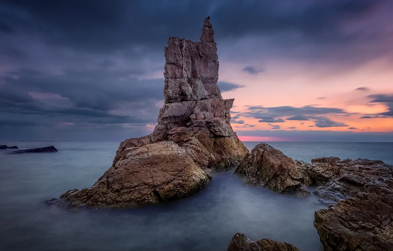 Photo wallpaper coast, sunset, clouds, rocks, dusk, Sea