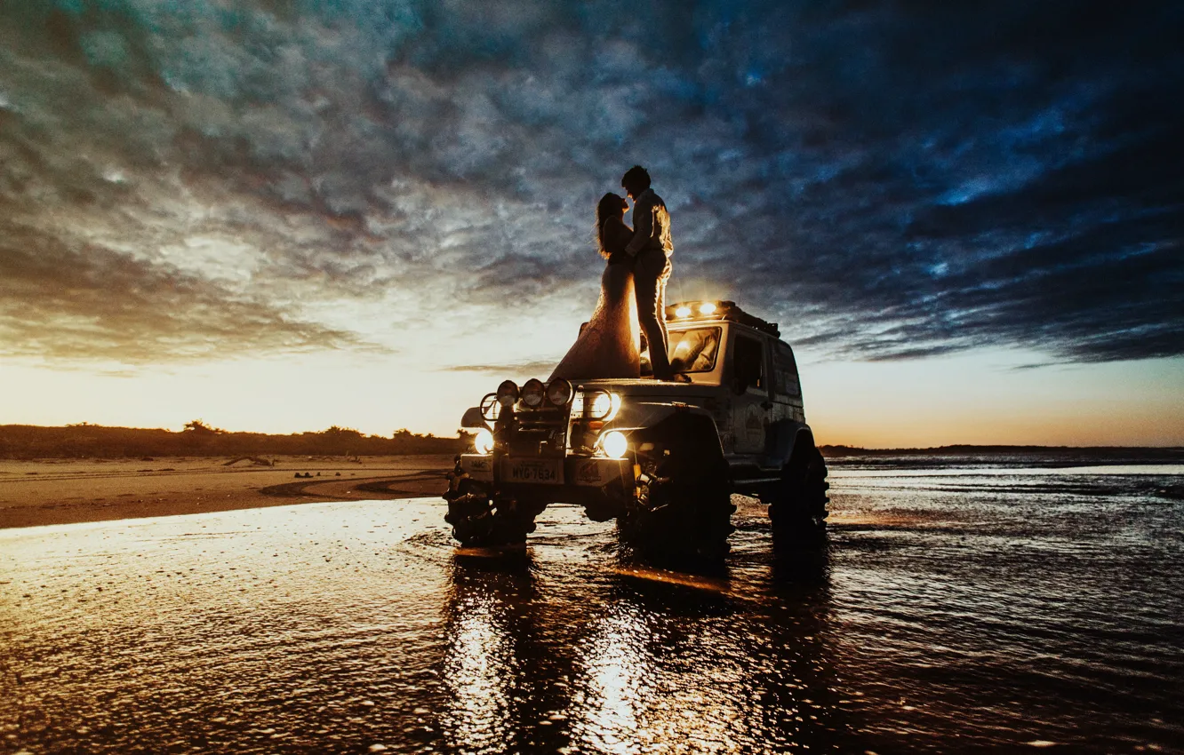 Photo wallpaper Car, Clouds, Sky, Water, Sand, Evening, Romantic, Wedding