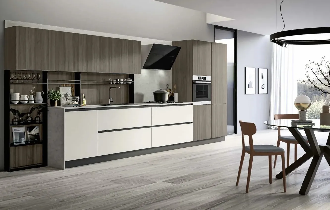 Photo wallpaper style, interior, Italy, kitchen, dining room, dining area, Italian design, Oenological Cuisine