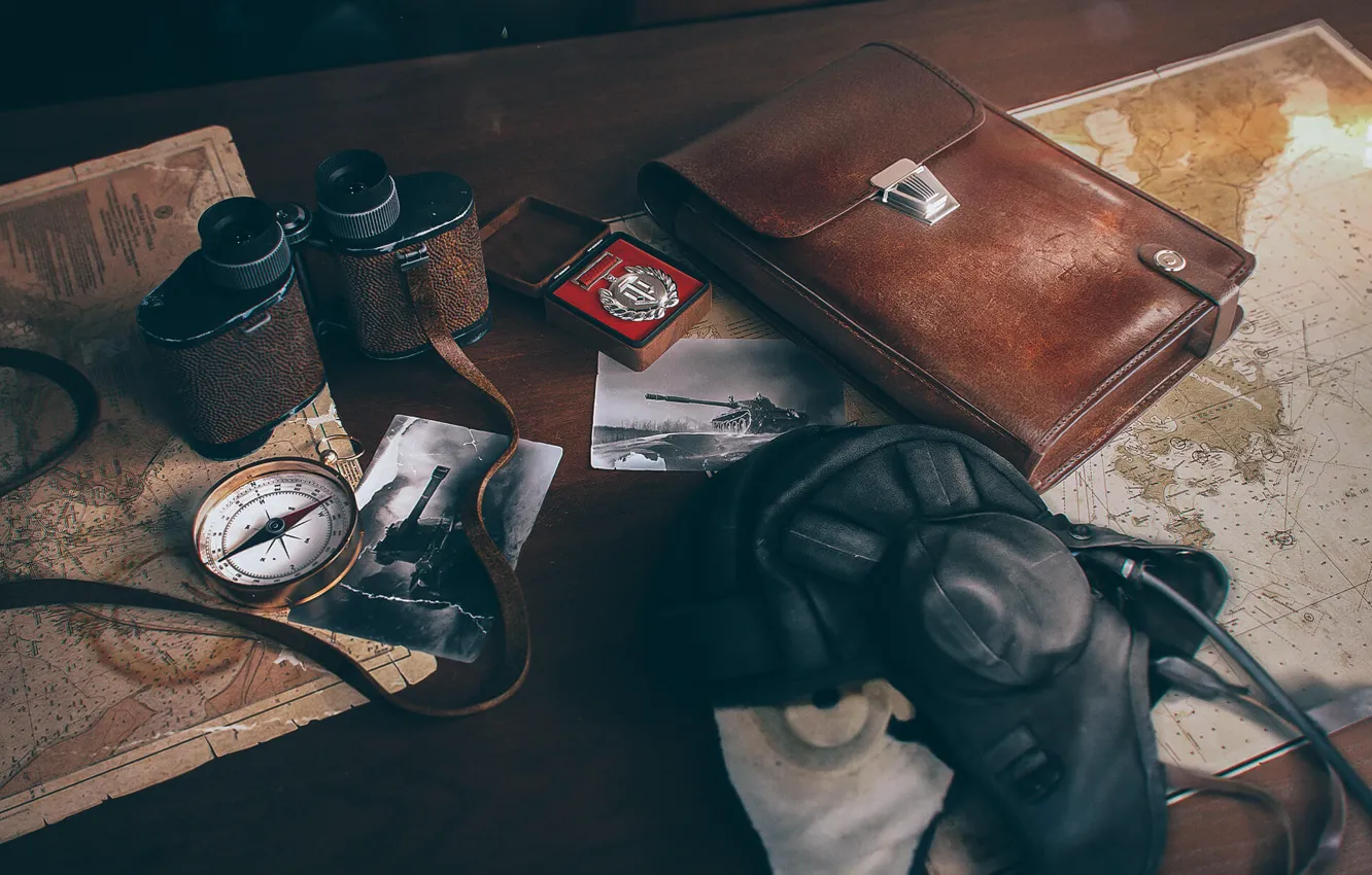 Photo wallpaper photo, table, map, binoculars, portfolio, compass, WoT, World of Tanks
