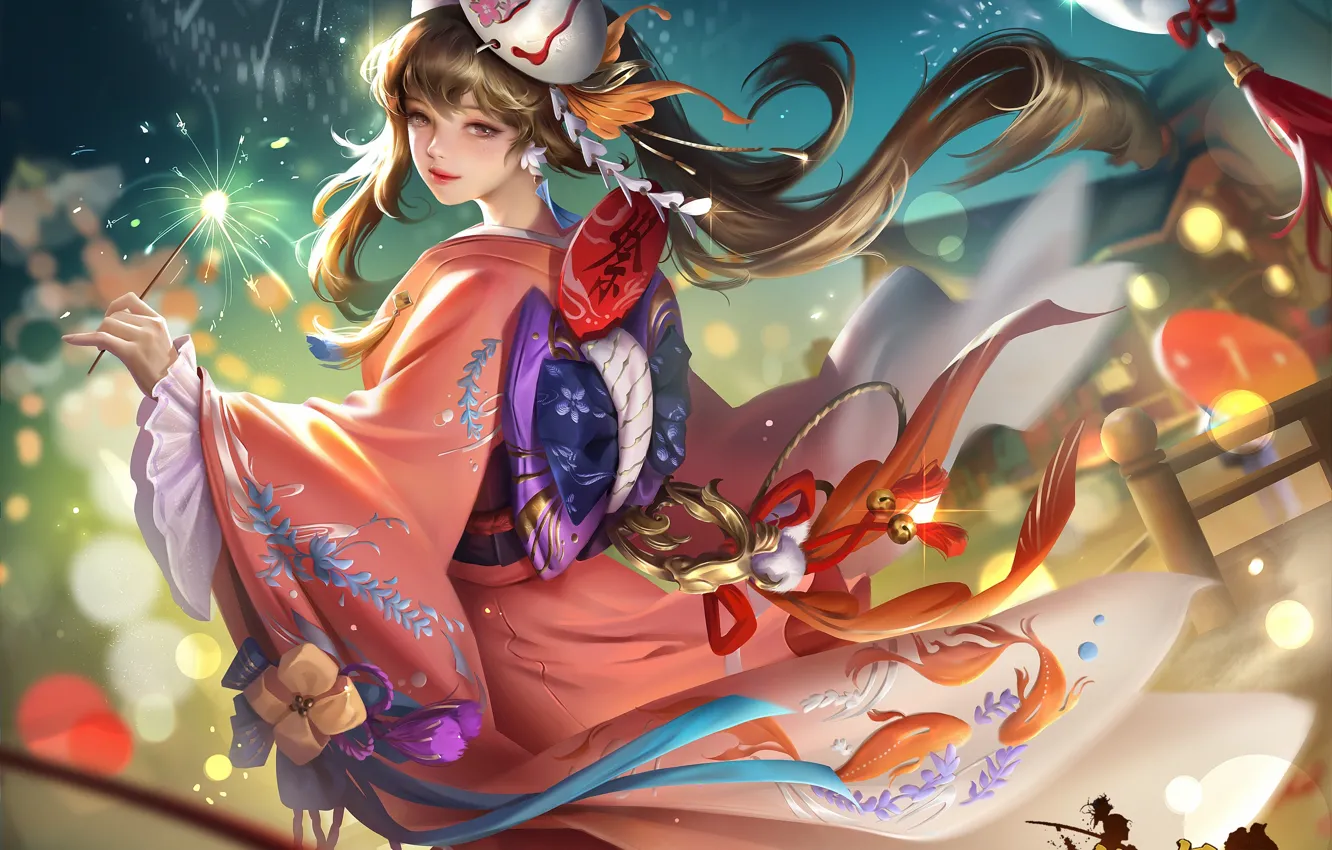 Photo wallpaper the sky, girl, night, mask, fireworks, bells wind, Xia Ri Ji A Gong, Zhanguo Bu …