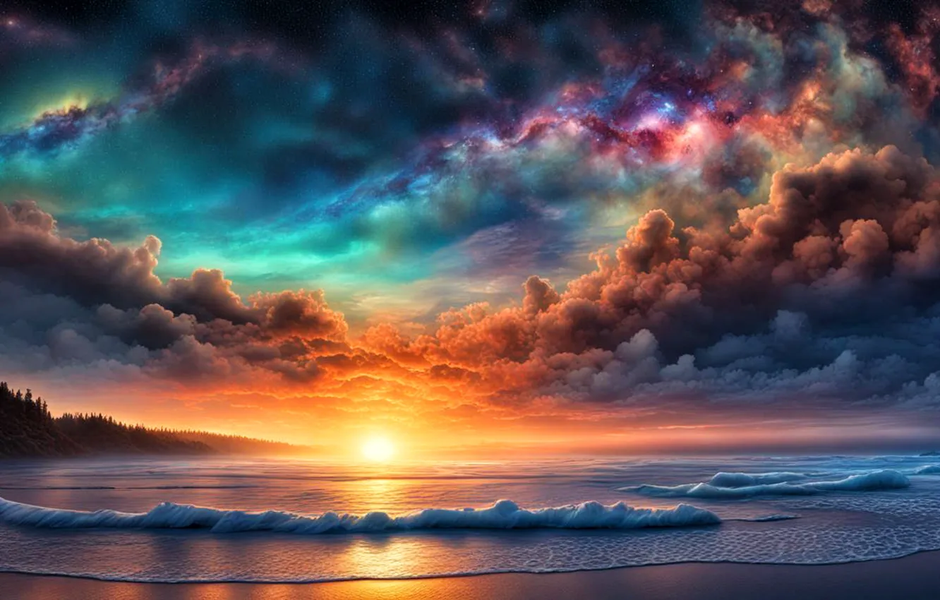 Photo wallpaper sea, beach, clouds, sunset