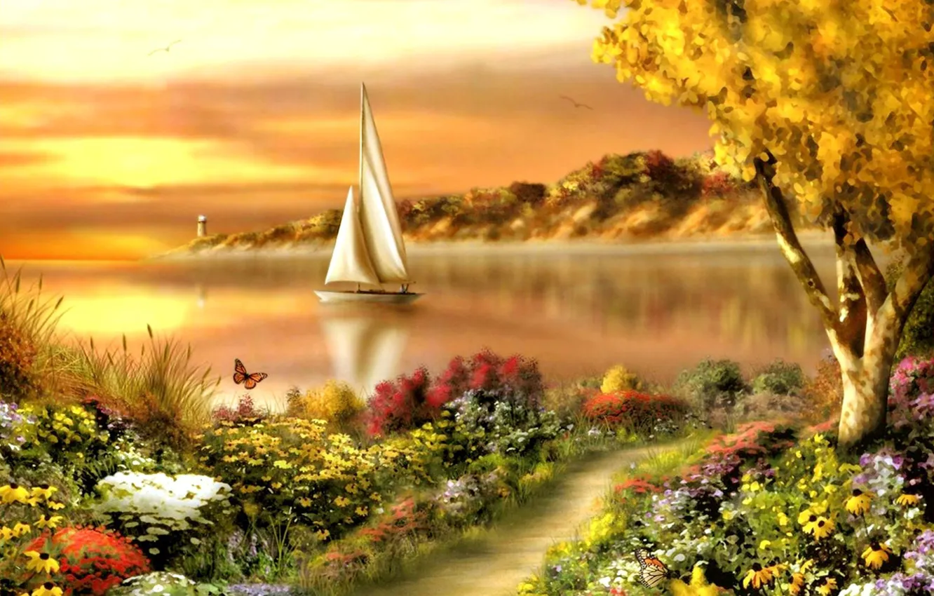 Photo wallpaper sea, figure, sailboat, summer, painting, scenes
