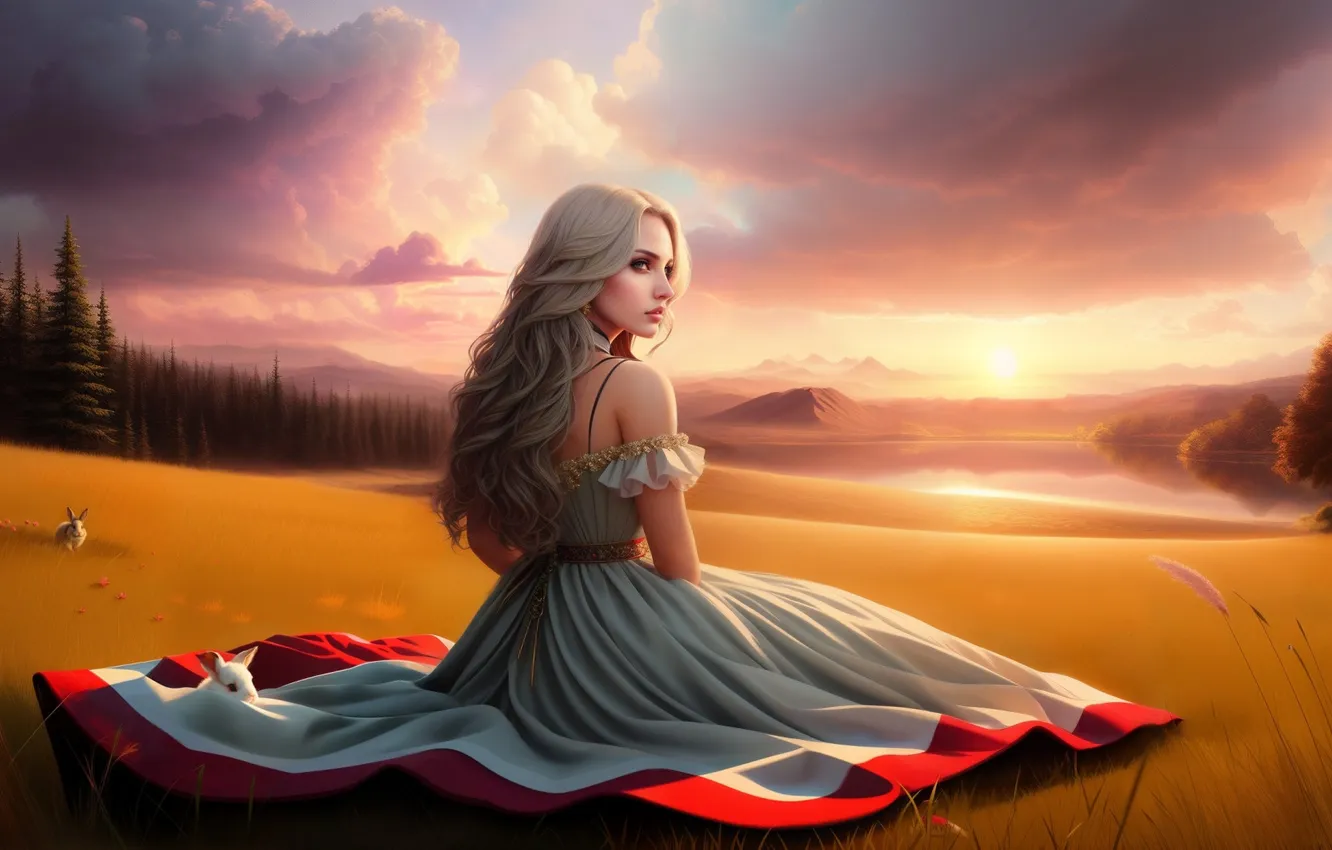 Photo wallpaper girl, dress, landscape, nature, AI Art
