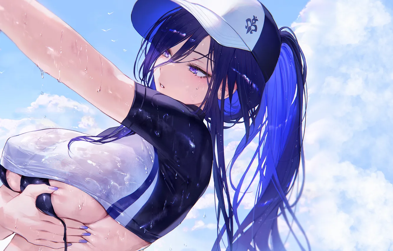 Photo wallpaper girl, hot, sexy, wet, hot girl, boobs, anime, purple eyes