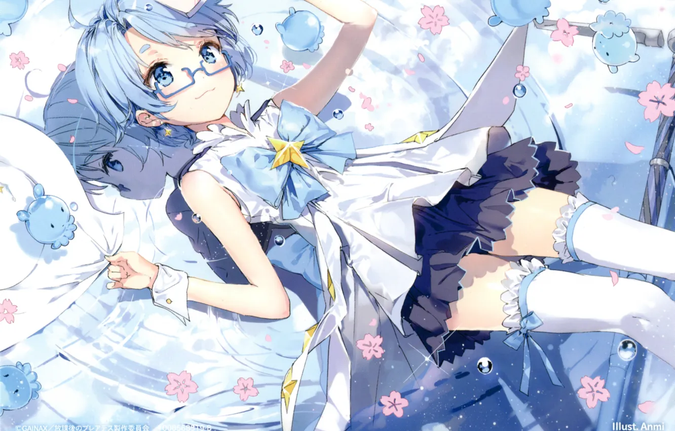 Photo wallpaper water, reflection, stockings, being, Sakura, glasses, bow, blue hair