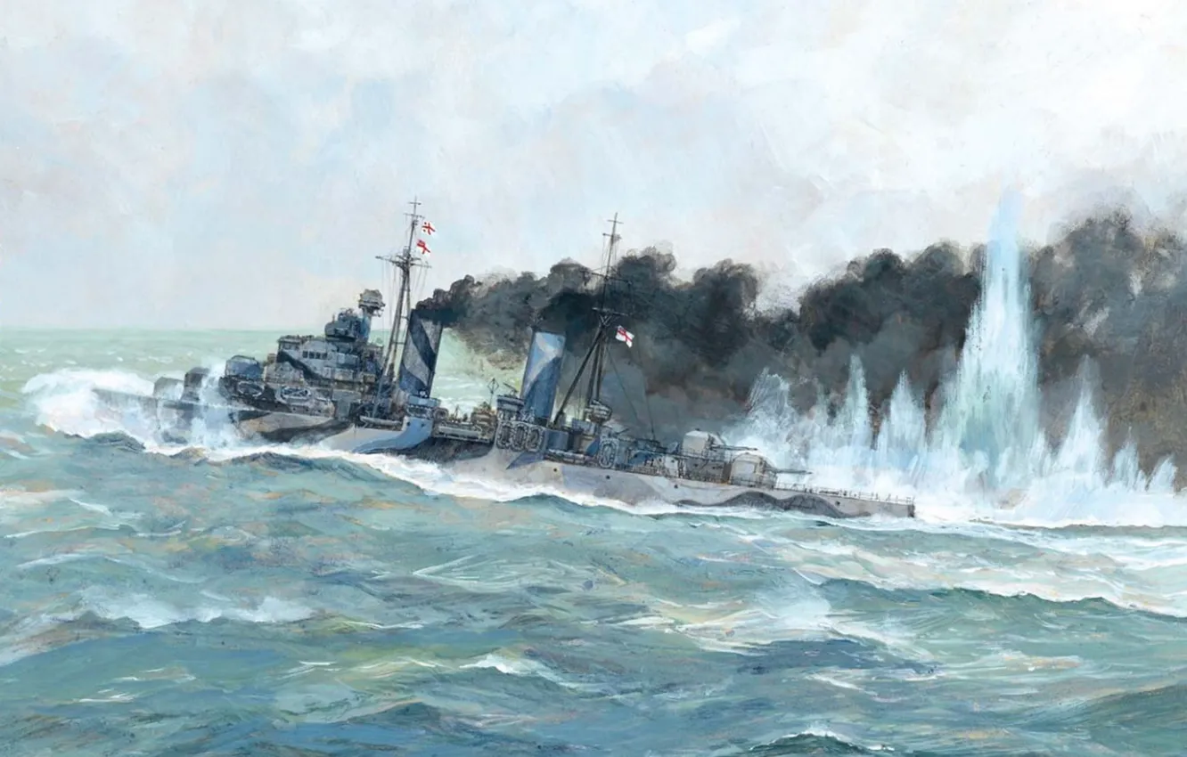 Photo wallpaper sea, wave, smoke, figure, bursts, battle, art, cruiser