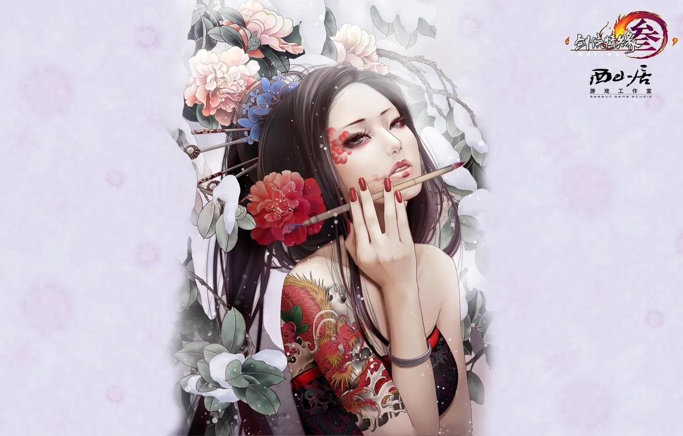 Photo wallpaper girl, flowers, art, tattoo, Asian, brush