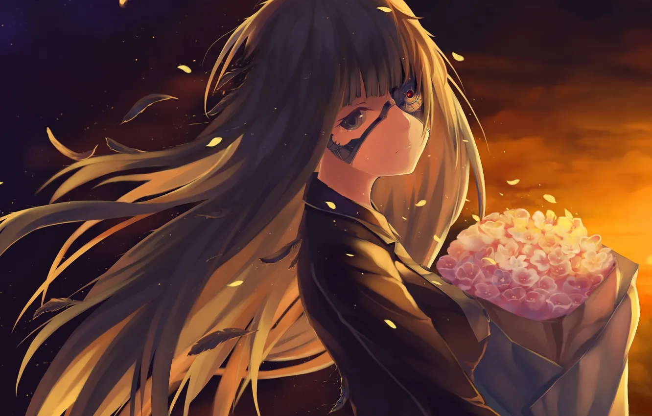 Photo wallpaper the sky, girl, sunset, flowers, robot, bouquet, anime, petals