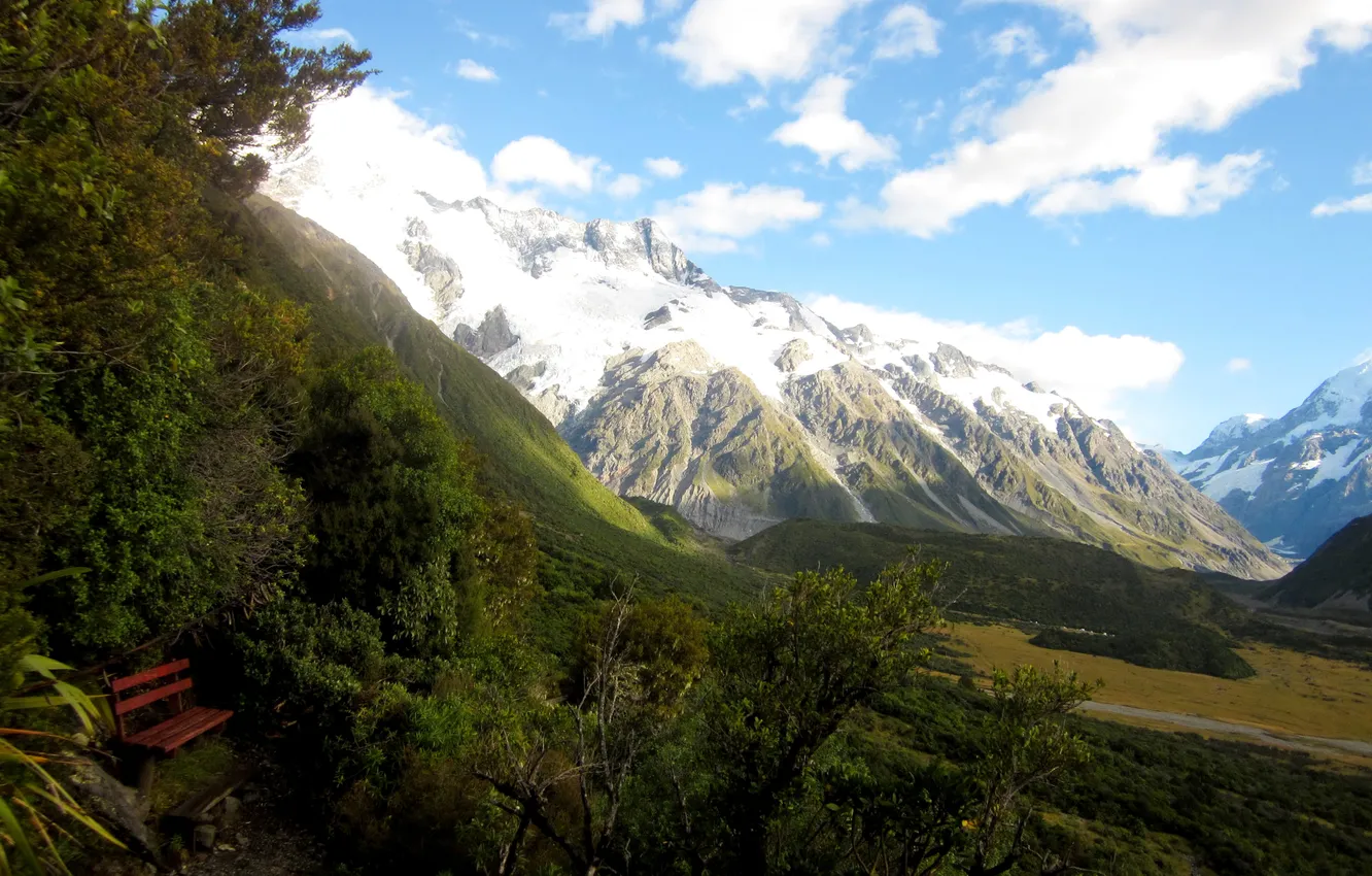 Photo wallpaper field, mountains, valley, slope, New Zealand, shop, gorge, the bushes