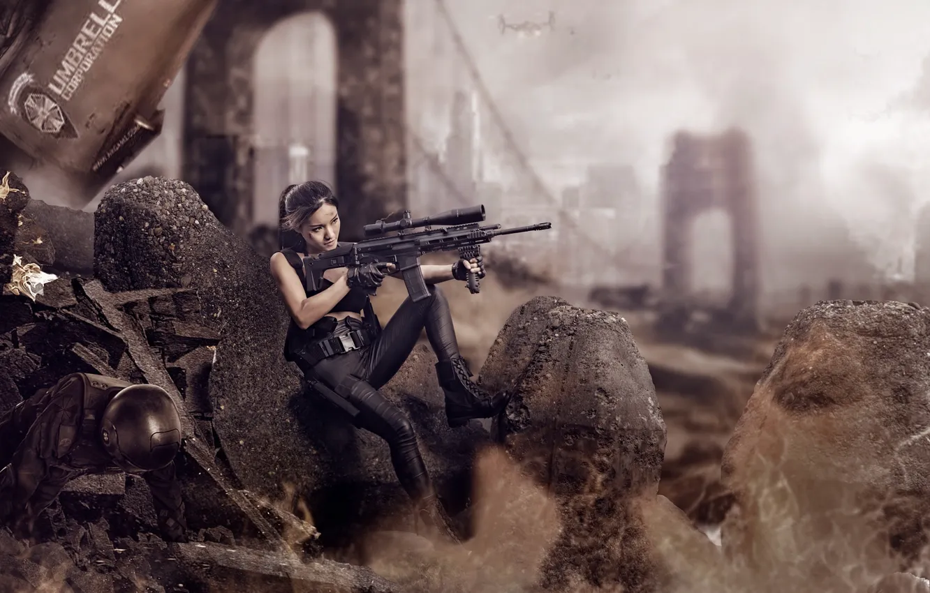 Photo wallpaper girl, weapons, ruins