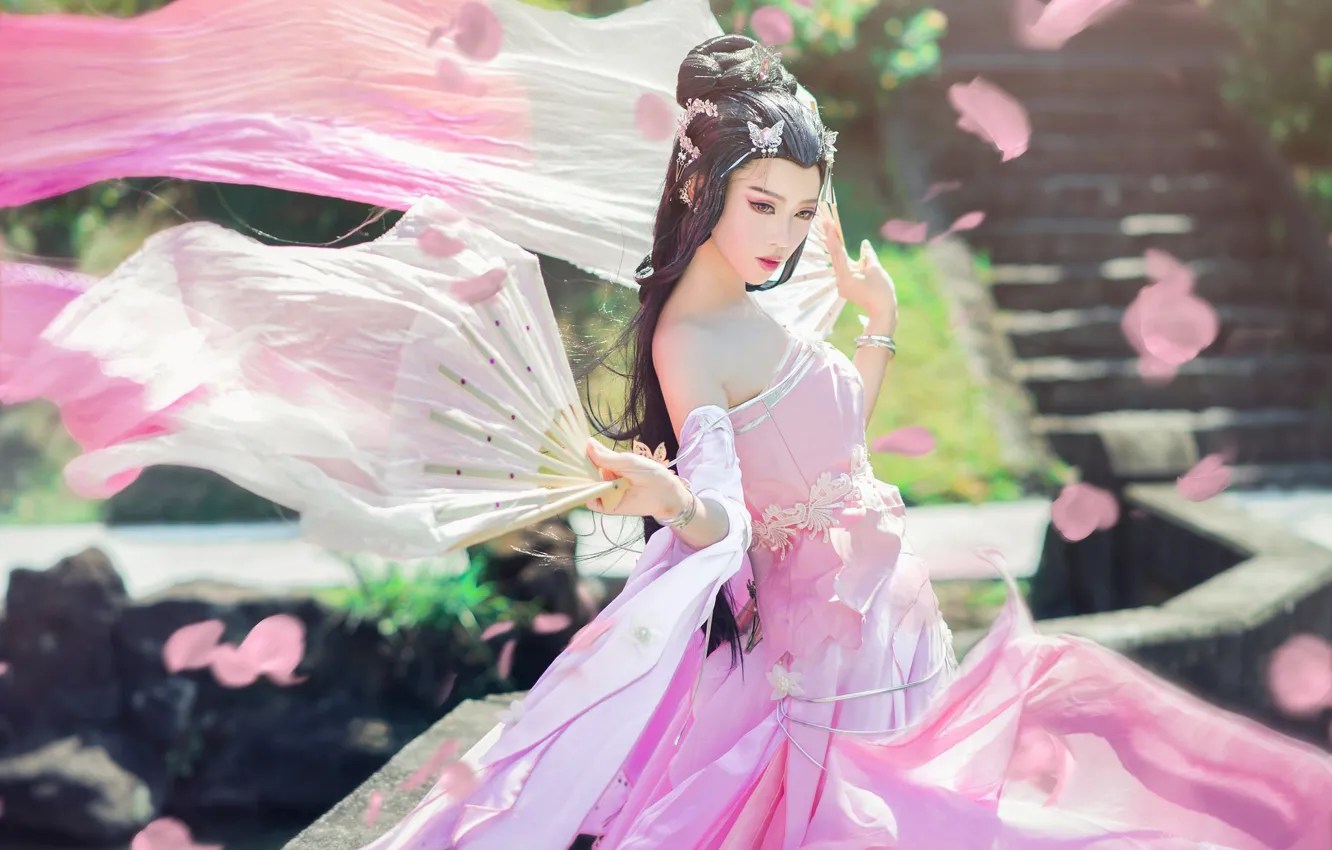 Photo wallpaper look, girl, light, decoration, nature, face, pose, style