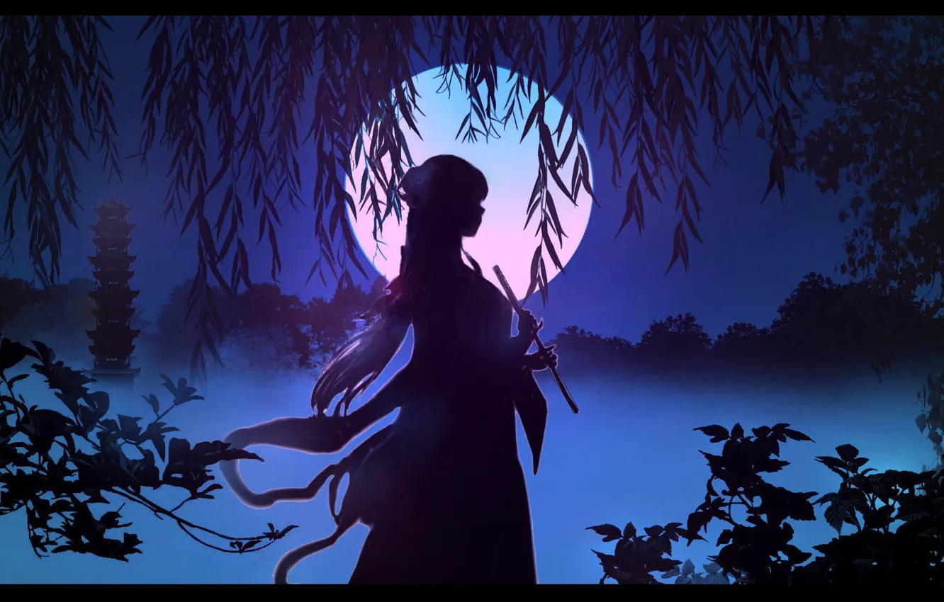Photo wallpaper night, fog, foliage, silhouette, pagoda, the full moon, flute, girl