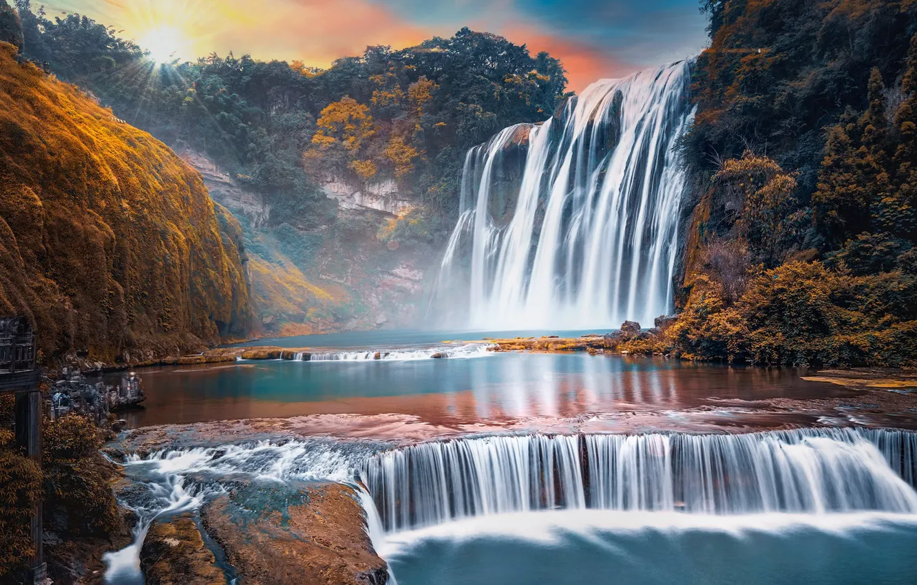 Photo wallpaper rocks, dawn, waterfall, China, Huangguoshu Waterfall, Guizhou