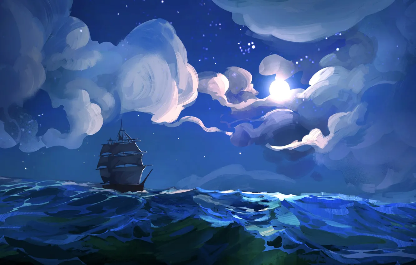 Photo wallpaper waves, moon, fantasy, sea, water, clouds, stars, moonlight