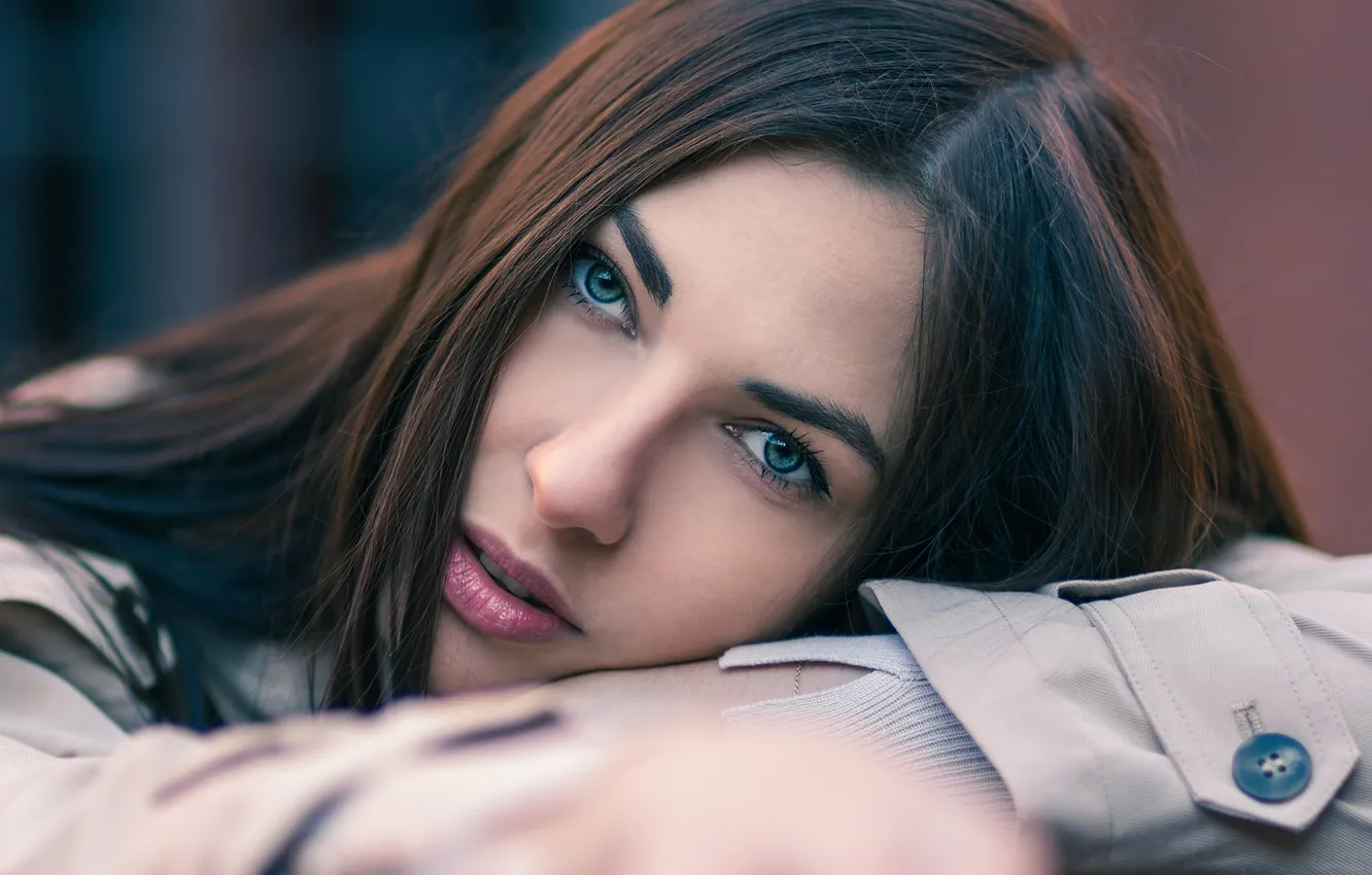 Photo wallpaper look, girl, face, portrait, brunette, long hair, KAMILA