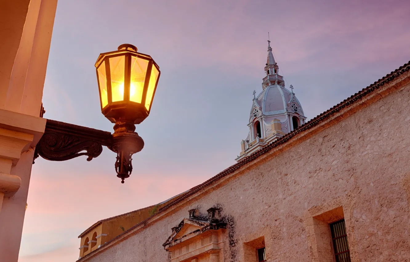 Photo wallpaper light, the building, the evening, lighting, lantern, Colombia, Colombia, Cartagena Cathedral