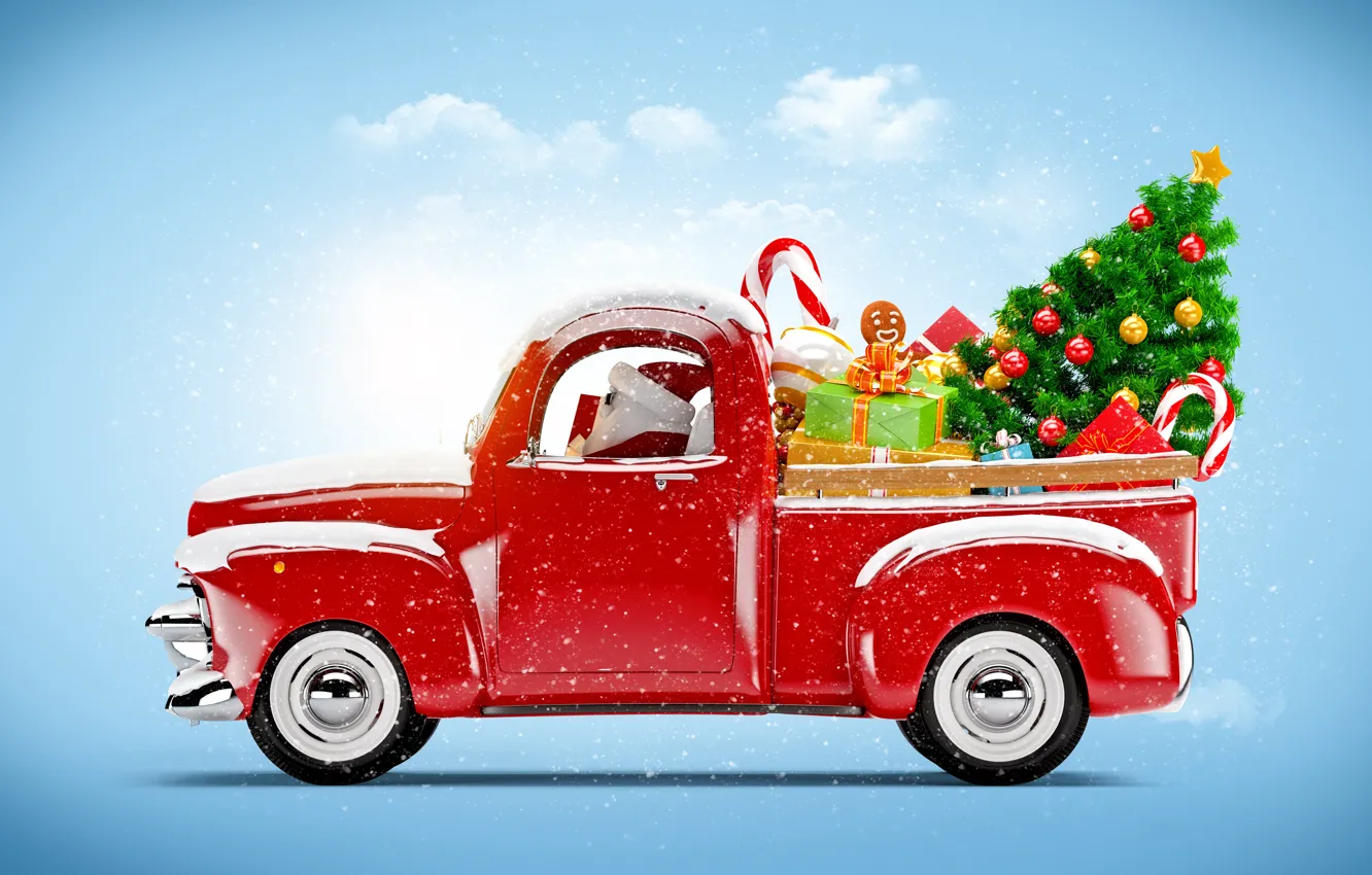 Photo wallpaper decoration, tree, Machine, gifts, red, Santa Claus