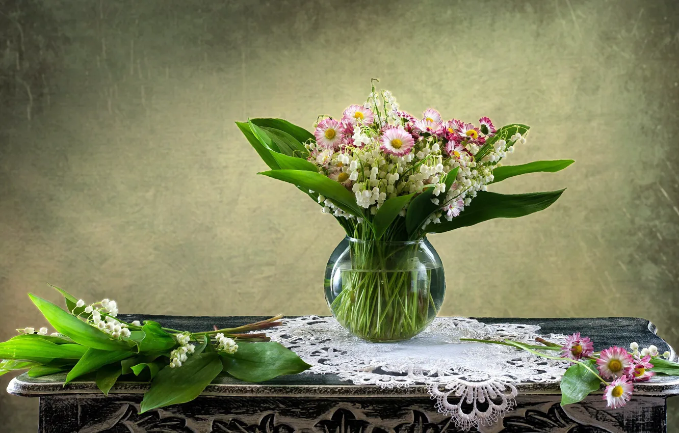 Photo wallpaper flowers, background, chamomile, vase, still life, lilies of the valley
