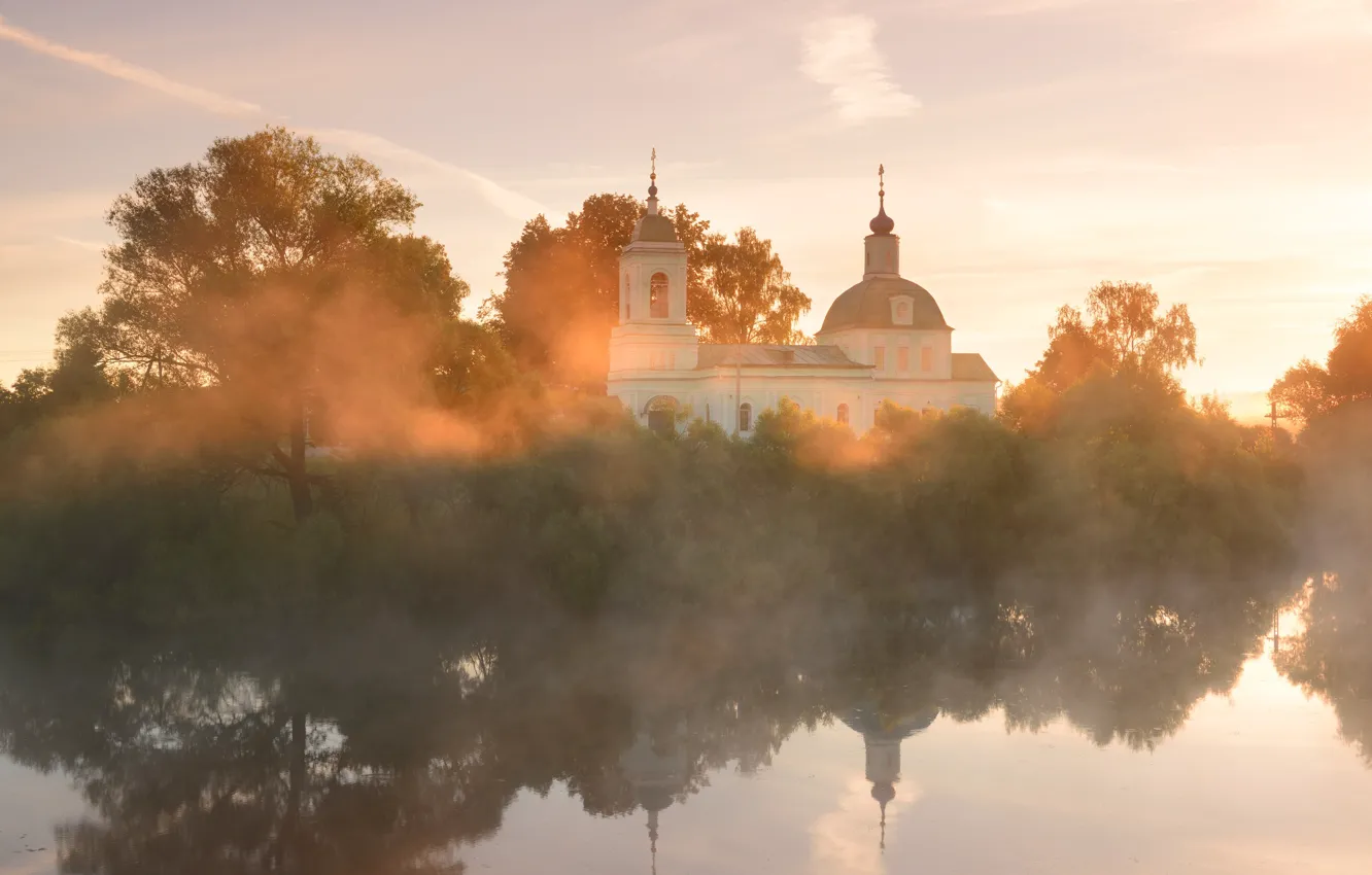 Photo wallpaper the sky, clouds, light, trees, branches, fog, reflection, dawn