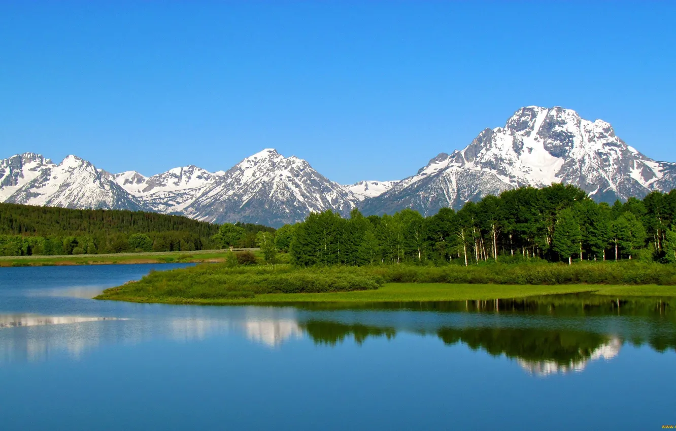 Photo wallpaper forest, the sky, snow, trees, mountains, lake