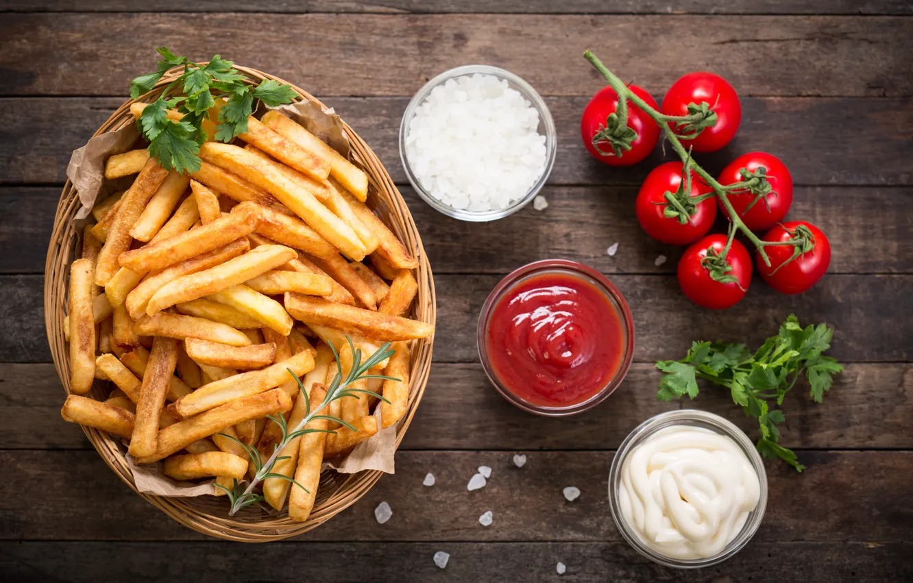Photo wallpaper tomatoes, french fries, Portion