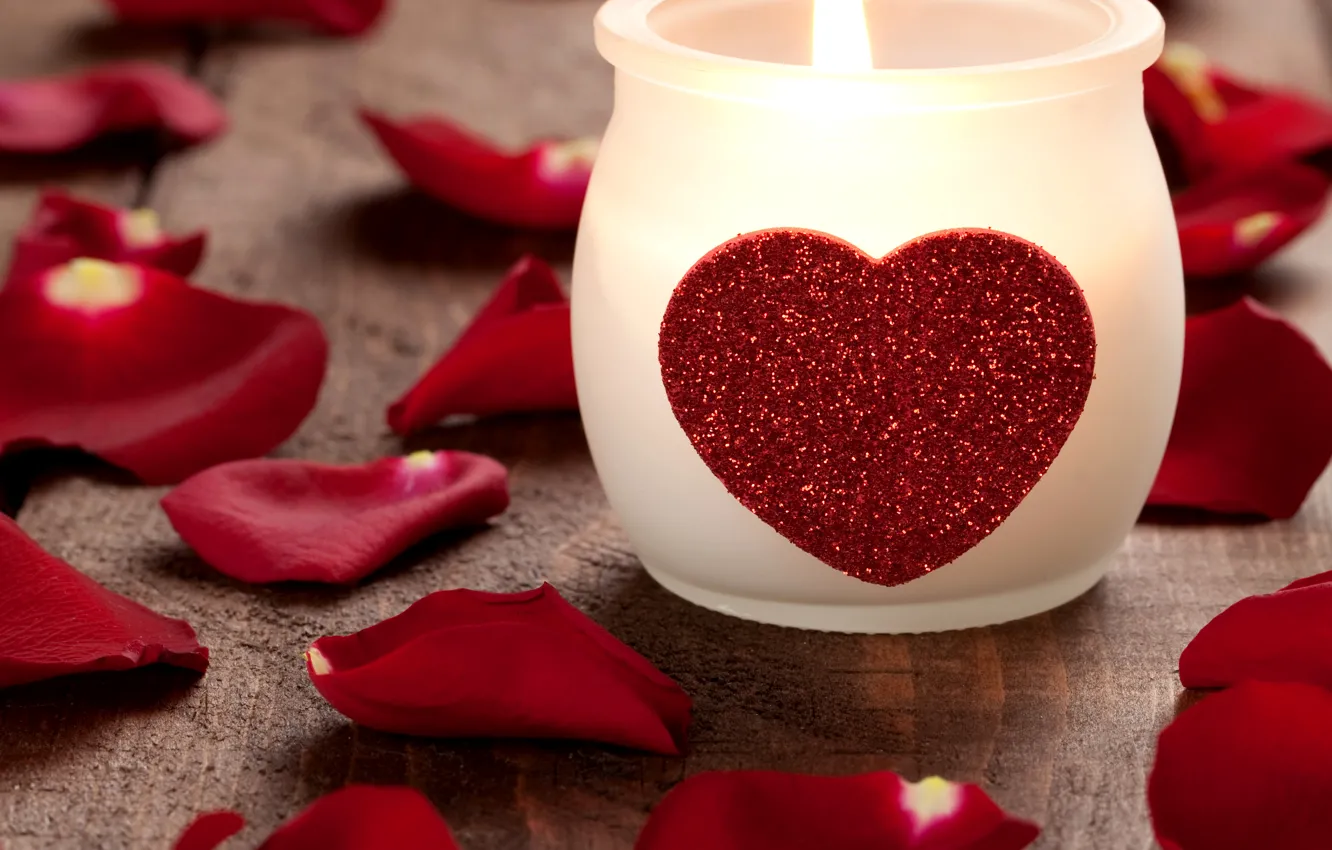 Photo wallpaper photo, Heart, Candle, Petals, Holiday, Valentine's day