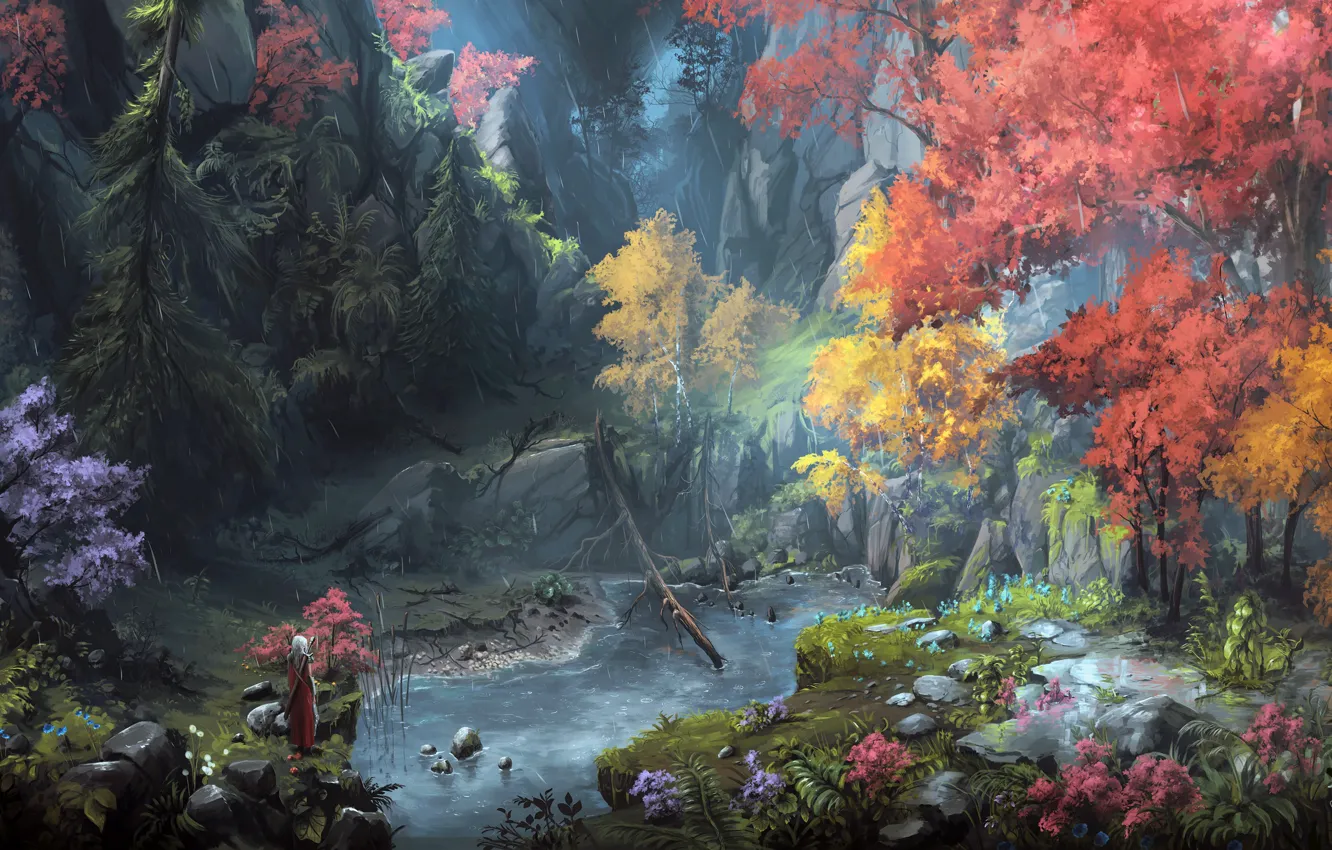 Photo wallpaper sword, forest, river, rain, trees, landscape, weapon, nature