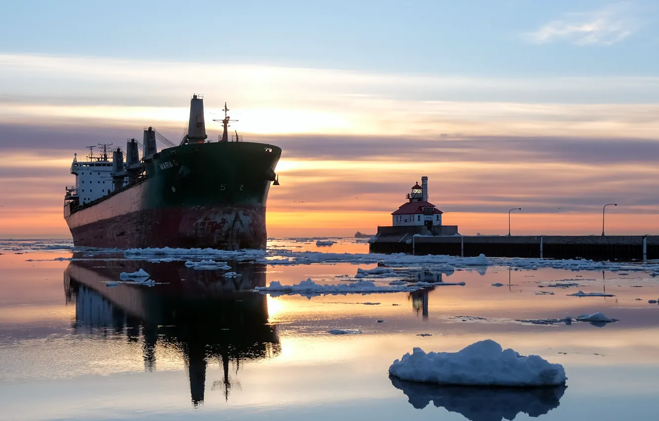 Photo wallpaper sea, sunset, shore, ship
