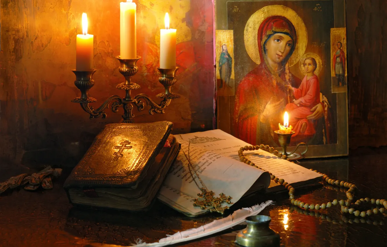 Photo wallpaper pen, holiday, candles, religion, The Bible, icon, rosary, Virgin