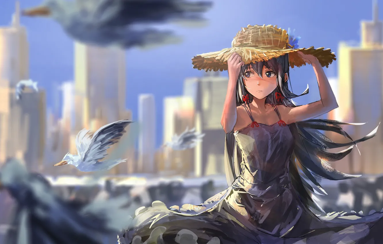 Photo wallpaper girl, seagulls, dress, anime, art, yukinoshita was load, oregairu