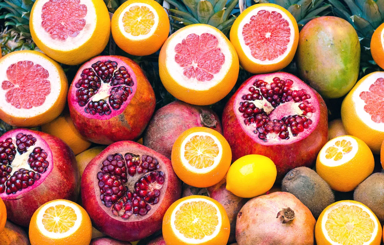 Photo wallpaper lemon, orange, kiwi, mango, pineapple, grapefruit, garnet