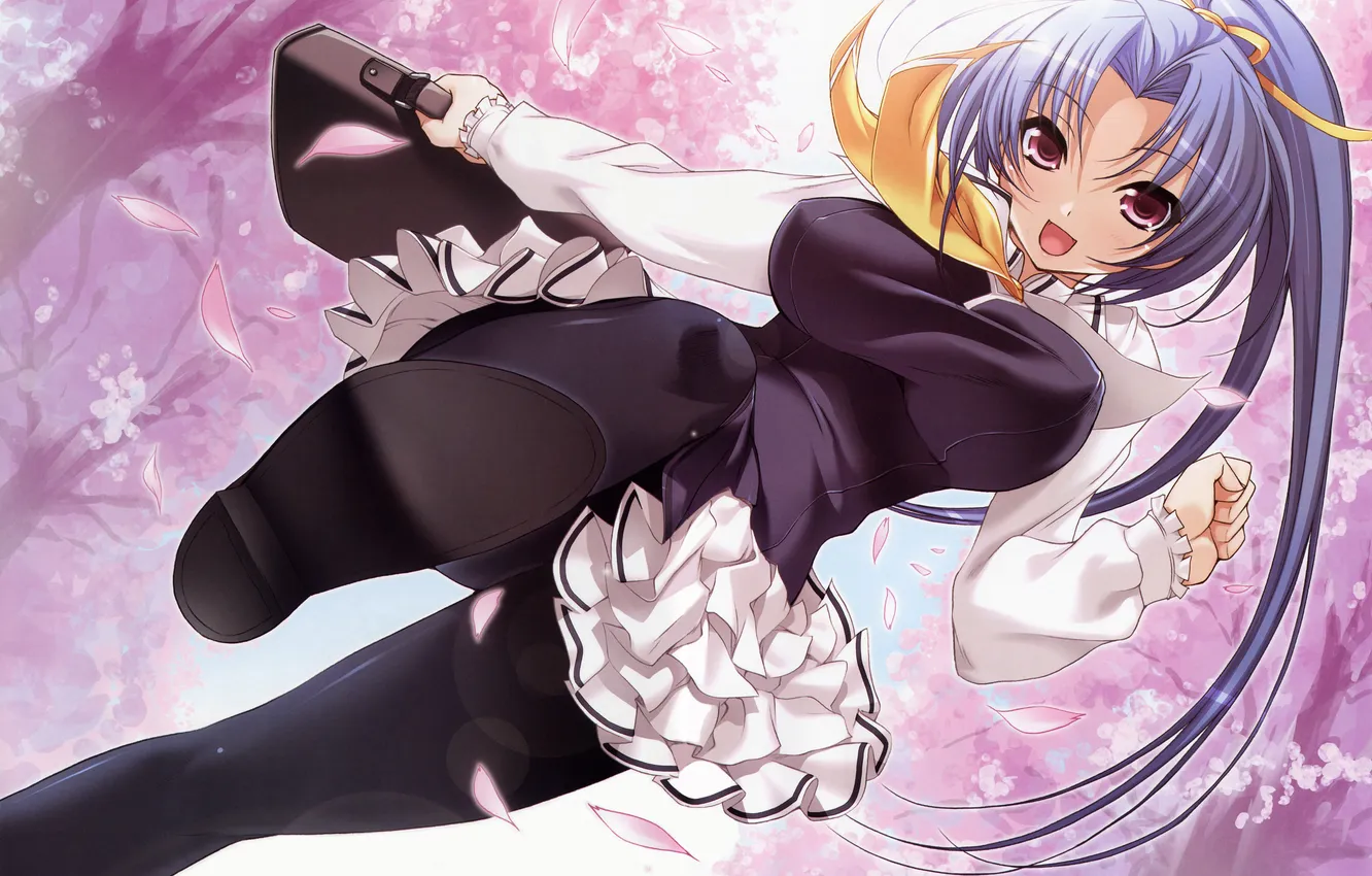 Photo wallpaper girl, trees, petals, Sakura, art, schoolgirl, portfolio, kiya shii