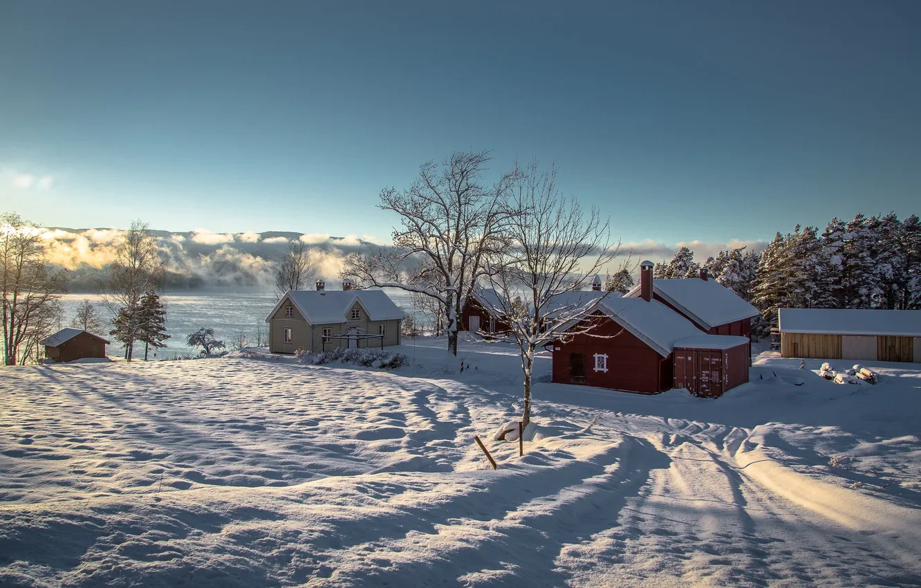 Photo wallpaper road, snow, home, morning